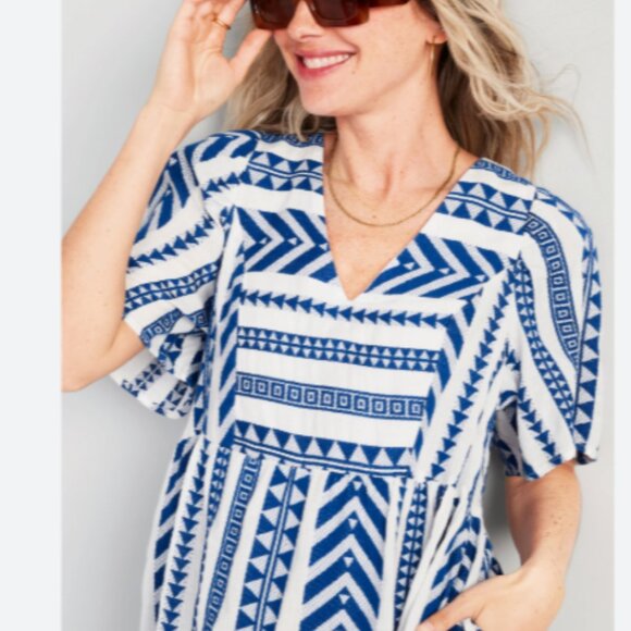 Flutter-Sleeve V-Neck Jacquard Mini Swing Dress - Tanzanite - Picture 3 of 8